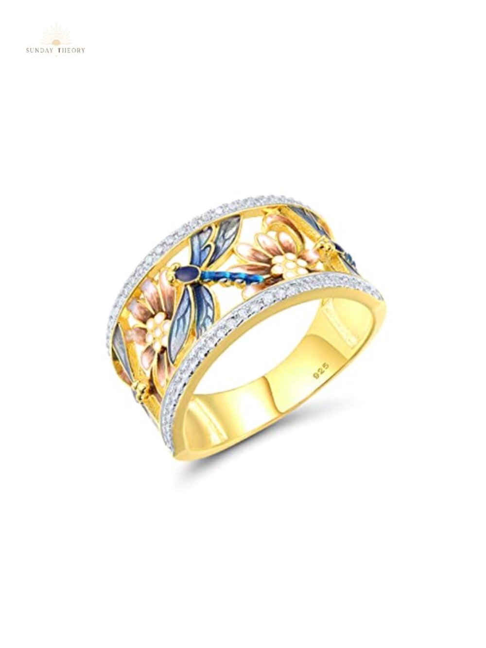 Santuzza 925 Sterling Silver Dragonfly Openwork Ring Cubic Zirconia Enamel 14K